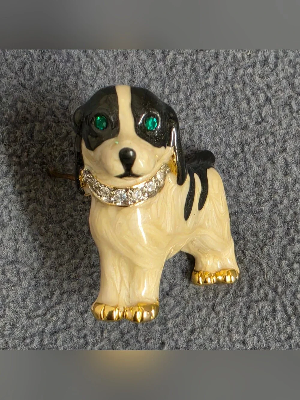 Black White Hound Dog Brooch Green Rhinestone Eyes Collar Gold Tone Pin New